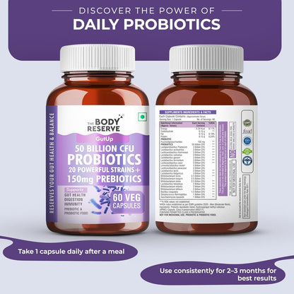 Two bottles of Body Reserve probiotics on a light purple background with promotional text.