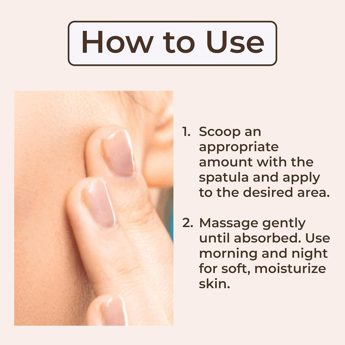 Instructions on how to use a skincare product with a close-up of skin and text.
