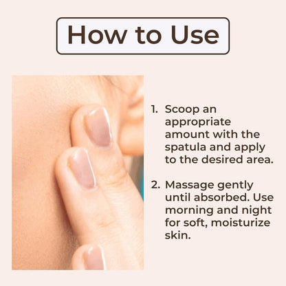 Instructions on how to use a skincare product with a close-up of skin and text.