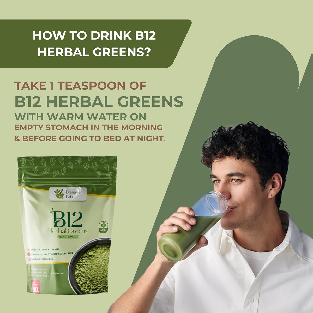 Evergreen Eats Vitamin B12 Herbal Greens Powder | Plant-Based B12 Supplement with Moringa, Wheatgrass, Amla & Beetroot | Green Superfood for Daily Nutrition | Men & Women | 80g