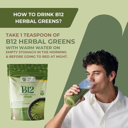 Evergreen Eats Vitamin B12 Herbal Greens Powder | Plant-Based B12 Supplement with Moringa, Wheatgrass, Amla & Beetroot | Green Superfood for Daily Nutrition | Men & Women | 80g