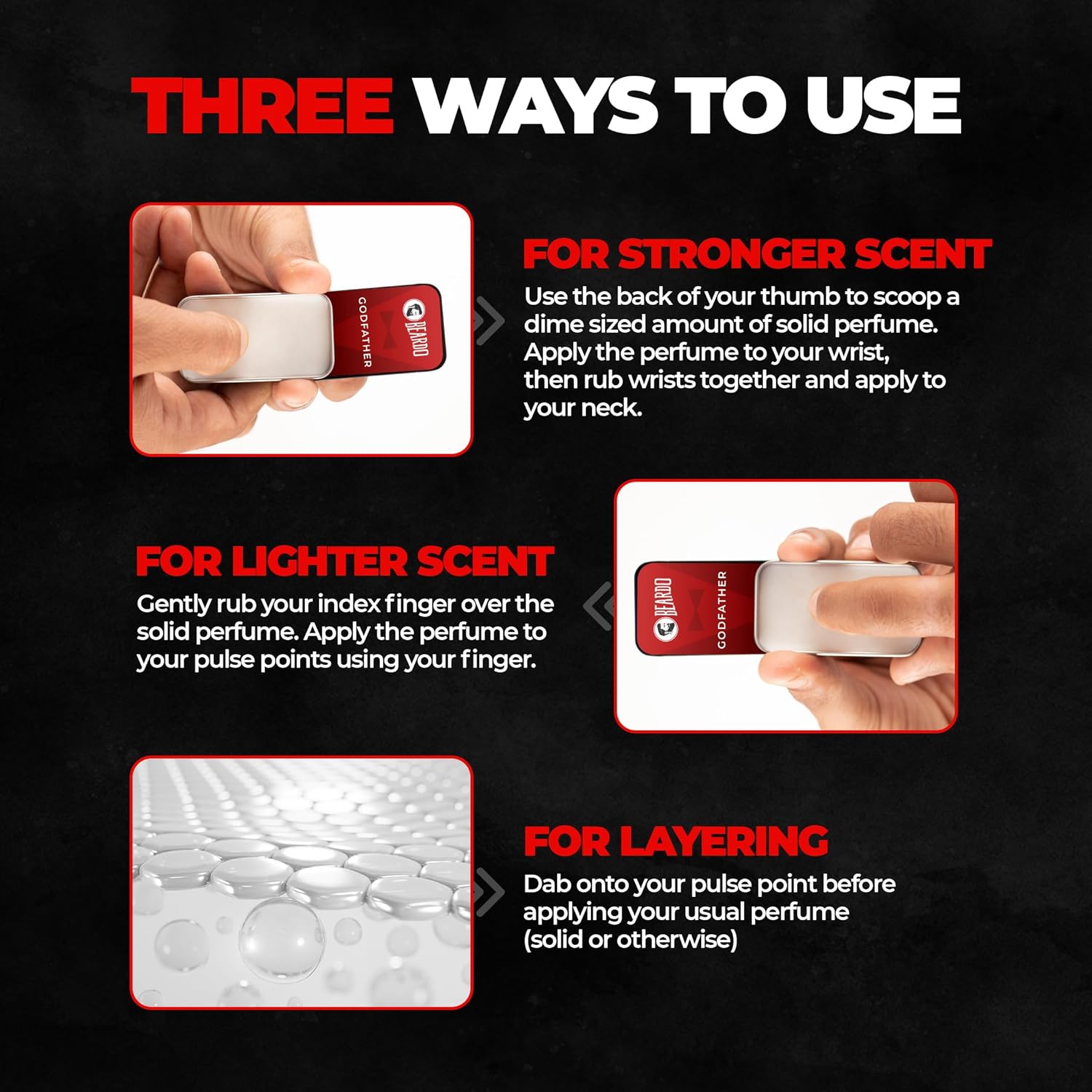 Instructions on using a perfume applicator with text on a black background