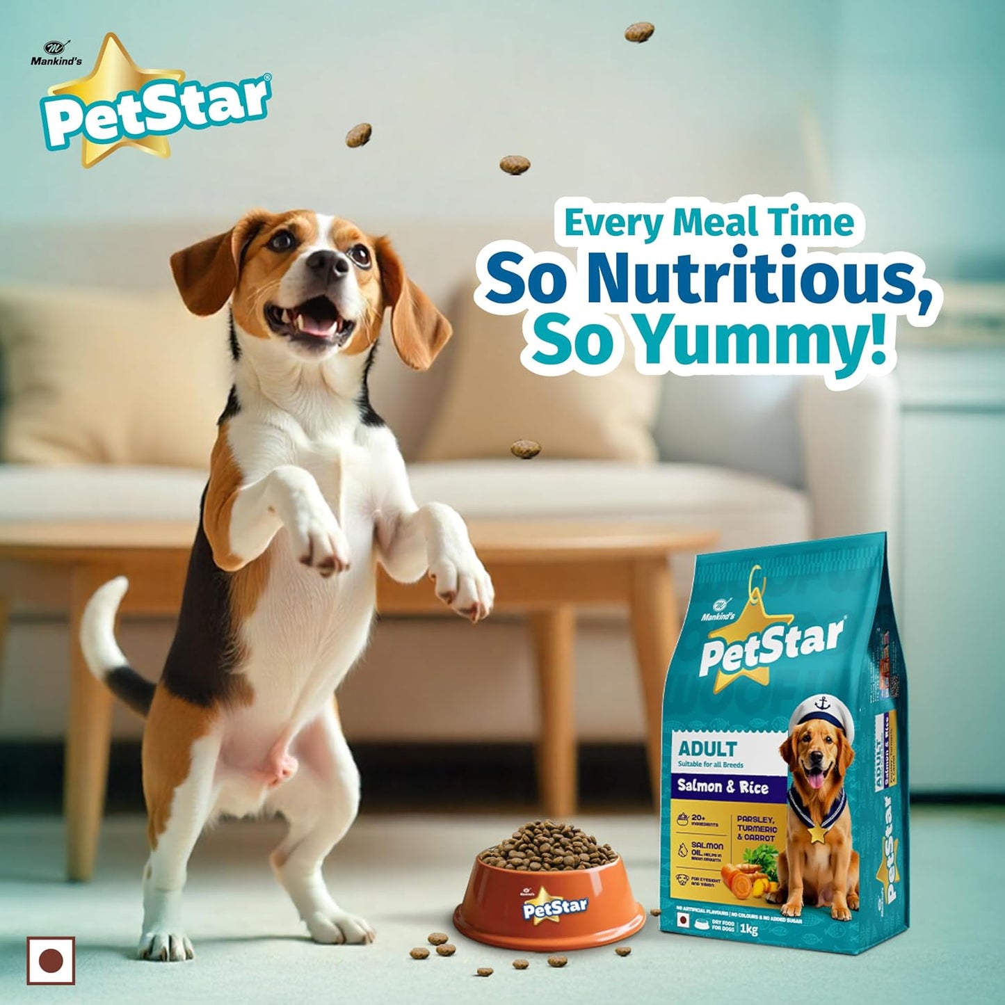 Mankind Petstar Adult Dry Dog Food (High Protein) Salmon & Rice Flavor, 1kg Pack | Improves Muscle & Strength, Supports Immunity, Protects Liver & Kidney