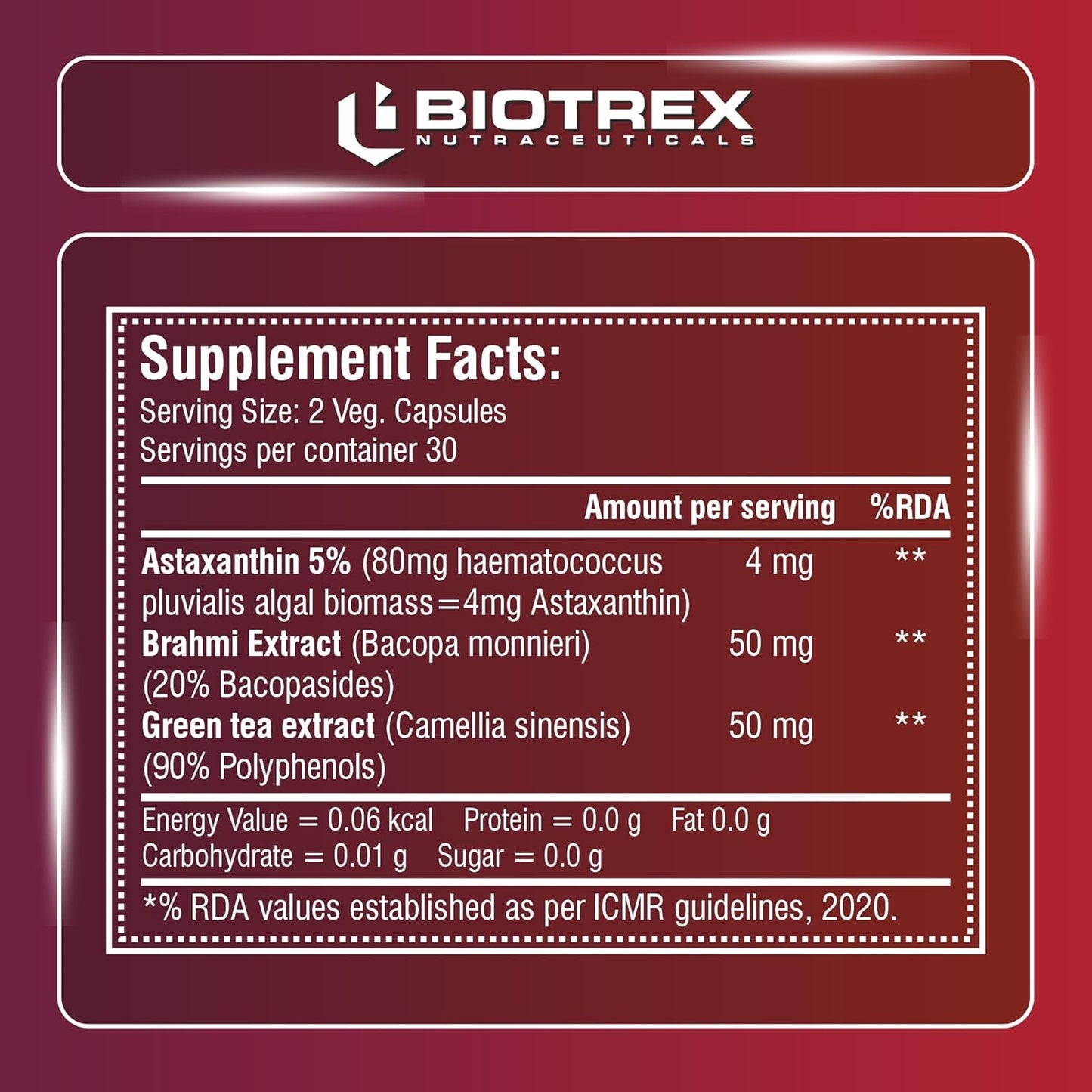Biotrex Nutraceuticals Astaxanthin 4mg | Supports Eye & Skin Health I Boosts Immune System | Cellular Support | Naturally Sourced - 60 Veg Capsules