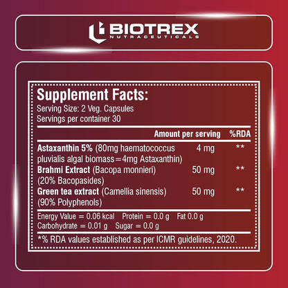 Biotrex Nutraceuticals Astaxanthin 4mg | Supports Eye & Skin Health I Boosts Immune System | Cellular Support | Naturally Sourced - 60 Veg Capsules
