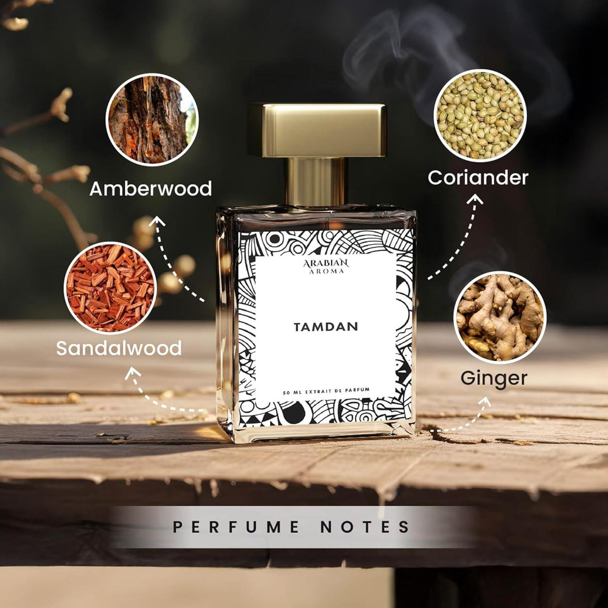 Perfume bottle labeled 'Tamdan' with notes of amberwood, coriander, sandalwood, and ginger on a wooden surface.