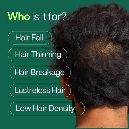 Person with hair issues on a green background with text about hair problems.