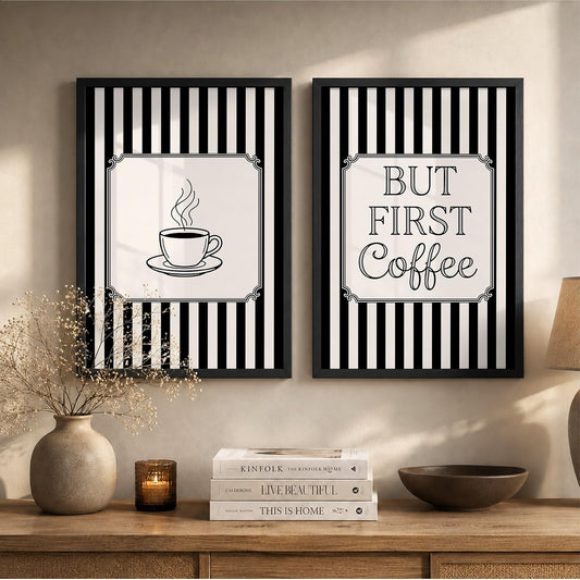 But First Coffee Wall Art Set of 2 Framed Paintings | Black White Striped Coffee Poster Kitchen Café Décor | Home Office Wall Décor (Art 20, 10x13 Inches, Black)