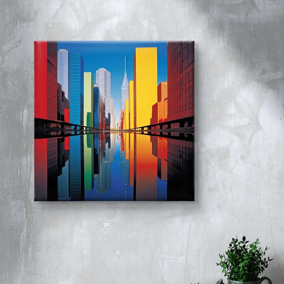 New York City Skyline Canvas Wall Art, Colourful Reflection, Modern Urban Architecture Print 16 Inch x 16 Inch CVS-38118