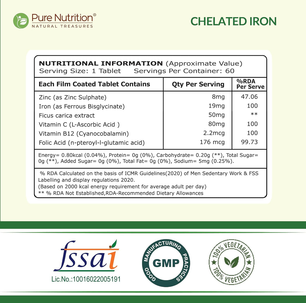 Pure Nutrition Chelated Iron Supplement for Women and Men | Folic Acid Tablets for Pregnancy | Hemoglobin Booster & Maintains Irons Level | with Zinc, Vitamin C & Vitamin B12 - 60 Veg Tablets for Hair Growth with Iron Bisglycinate
