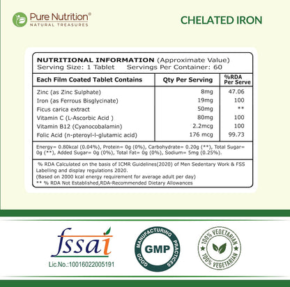 Pure Nutrition Chelated Iron Supplement for Women and Men | Folic Acid Tablets for Pregnancy | Hemoglobin Booster & Maintains Irons Level | with Zinc, Vitamin C & Vitamin B12 - 60 Veg Tablets for Hair Growth with Iron Bisglycinate