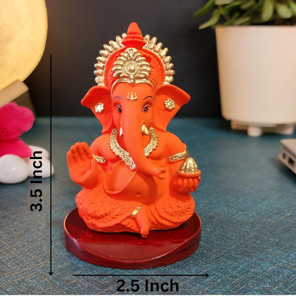 Handcrafted Poly Resin Ganesha Statue with Base - Perfect for Car Dashboard, Office Desk, Shelves, and Home Decor - Ideal Housewarming Gift! (OrangeMukutwithbase)