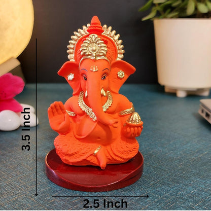 Handcrafted Poly Resin Ganesha Statue with Base - Perfect for Car Dashboard, Office Desk, Shelves, and Home Decor - Ideal Housewarming Gift! (OrangeMukutwithbase)