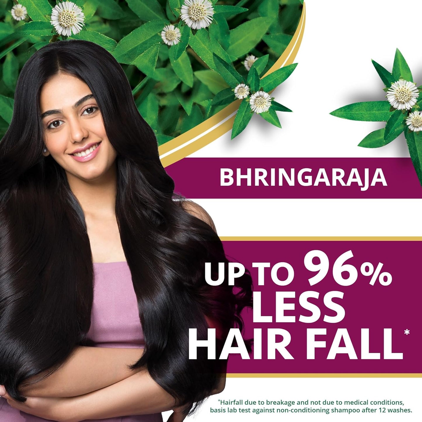 Advertisement for Bhringaraja hair product showing a woman with long hair and text about hair fall reduction.