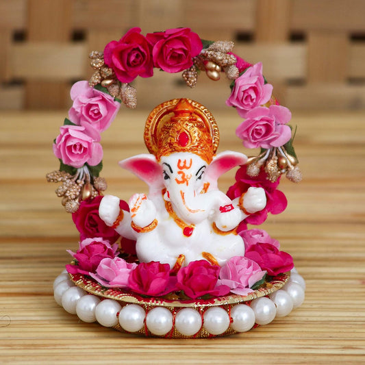 Lord Ganesha Idol on Decorative Handcrafted Plate with Throne of Pink and Red Flowers