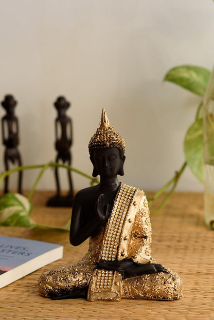 Handcrafted Meditating Lord Buddha Polyresin Idol (15 cm x 7.5 cm x 20 cm, Golden) (MSGB532)