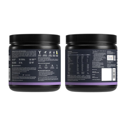 Two black containers with labels on a white background