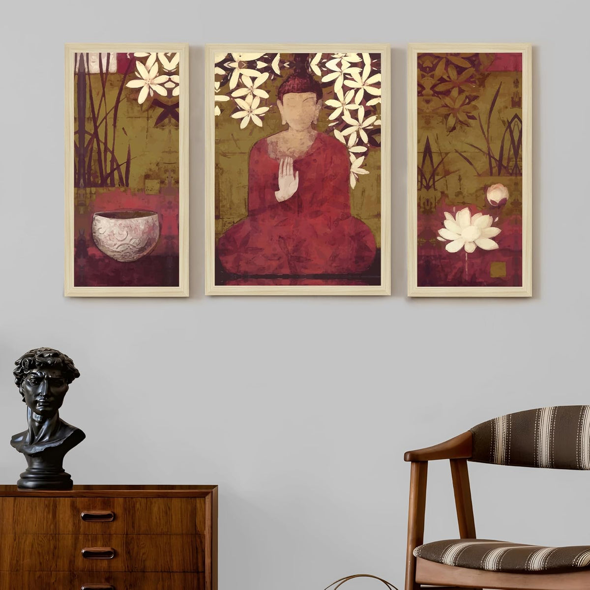 Buddha Floral Abstract Framed Wall Art Painting Home Décor Pack Of 3 | Digital Scenery Painting with Frame | Suits Hallways, Living Room, Bedroom, Office Set Of 3, 22x46 cm, 33x44 cm