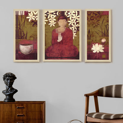 Buddha Floral Abstract Framed Wall Art Painting Home Décor Pack Of 3 | Digital Scenery Painting with Frame | Suits Hallways, Living Room, Bedroom, Office Set Of 3, 22x46 cm, 33x44 cm