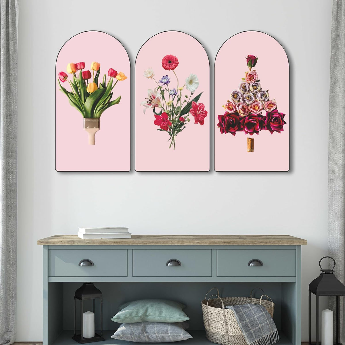 Floral Creative Abstract Wall Art 3 Panel Set | Modern Flower Painting on MDF | Artistic Pink Background Wall Décor for Living Room Bedroom Office Café (30 x 50 Inch) RPNL-79