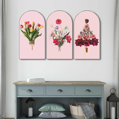 Floral Creative Abstract Wall Art 3 Panel Set | Modern Flower Painting on MDF | Artistic Pink Background Wall Décor for Living Room Bedroom Office Café (30 x 50 Inch) RPNL-79