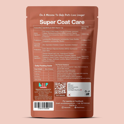 BLEP Super Coat Care - Dog Skin & Supplement, Itchy Skin, Shedding, Dull Coat & Paw Licking | Omega 3, Biotin & Collagen | Fish Oil, Borage Oil & Probiotics | Chicken Chews, 60 g