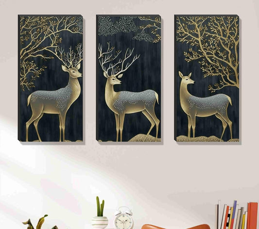 deer for Wall Decoration - Set Of 3, 3d modern art Painting for Living Room Large Size with Frames for Home Decoration, Hotel, Office 30 cm x 51 cm JC-01