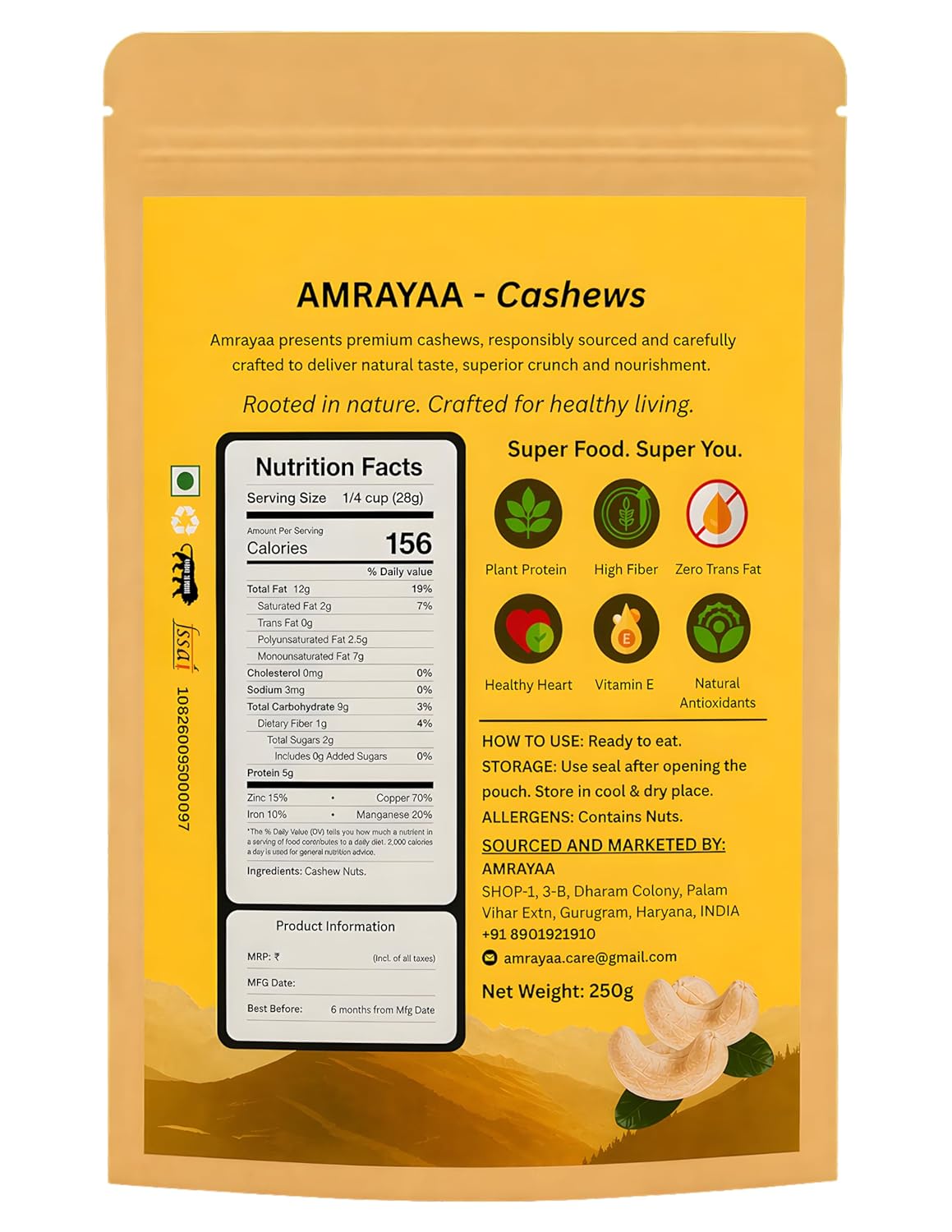 AMRAYAA W320 Premium Whole Cashews | Unpolished, Unsalted & Natural Kaju Nuts | Crunchy Deluxe Size | Antioxidant Rich Healthy Snack | High Protein, Iron, Magnesium, Zinc & Phosphorus