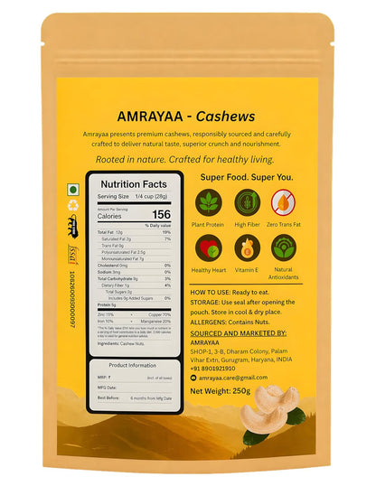 AMRAYAA W320 Premium Whole Cashews | Unpolished, Unsalted & Natural Kaju Nuts | Crunchy Deluxe Size | Antioxidant Rich Healthy Snack | High Protein, Iron, Magnesium, Zinc & Phosphorus