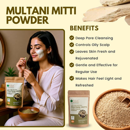Bliss of Earth Multani Mitti Powder for Face | Natural Multani Mitti for Hair & Skin | Exfoliates, Soothes, Nourishes, Smoothens Skin & Supports Scalp Health | 100 gm