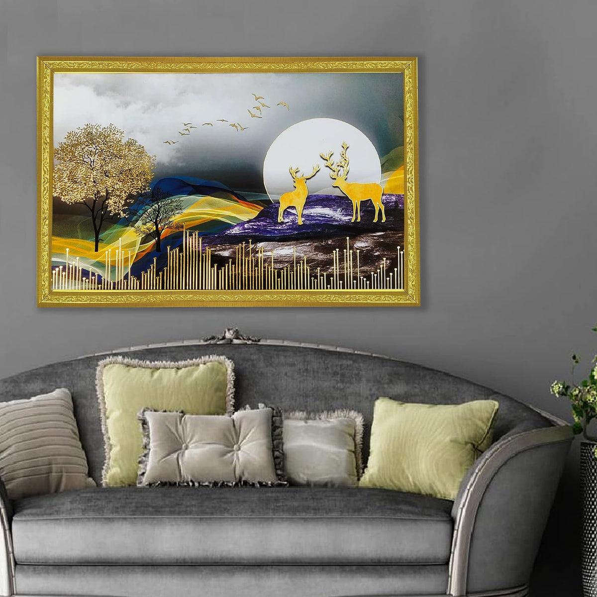 3D Golen Foil Modern Art Positive Vibes Landscape | Framed Painting | Ready to Hang - (Multicolor, 14 Inch x 20 Inch)
