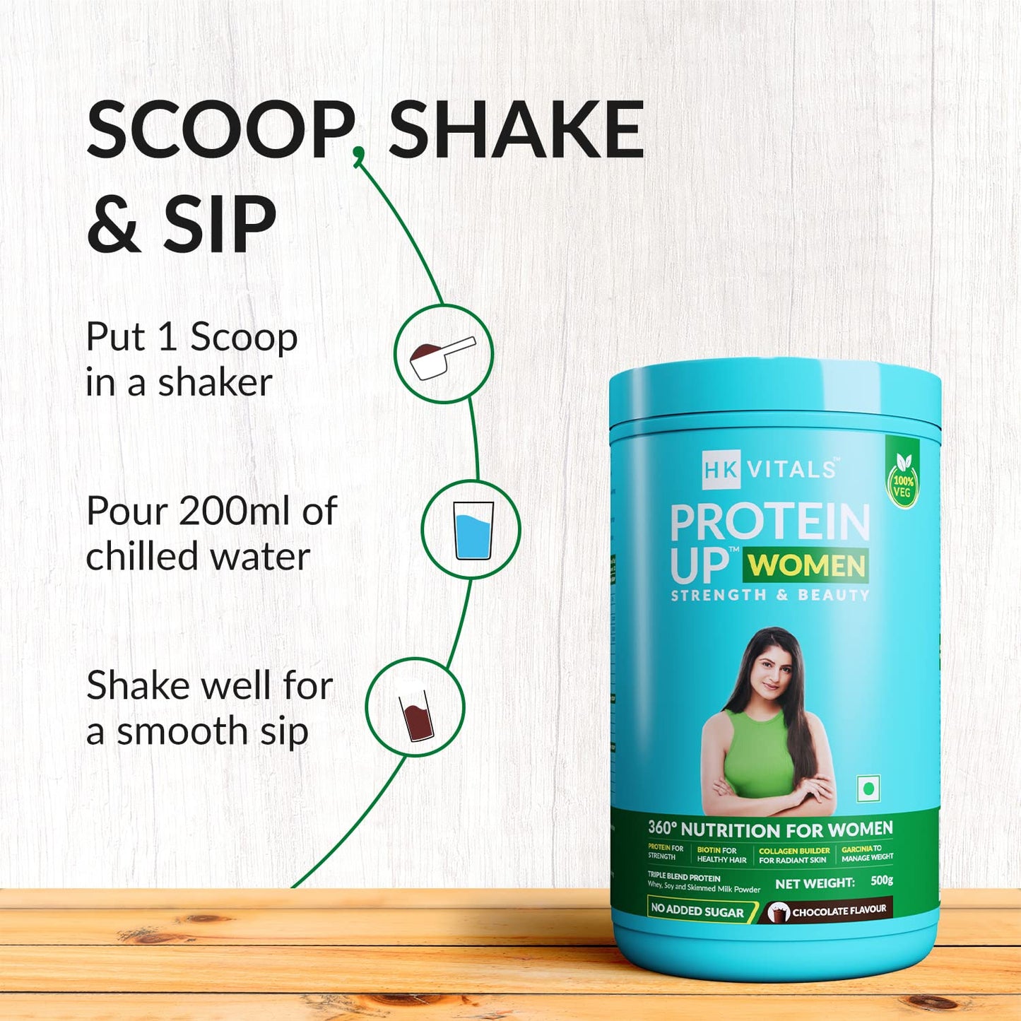 HealthKart HK Vitals ProteinUp Women (Chocolate, 500g) | Vegetarian Protein with Soy, Whey, Collagen Builder Blend, Biotin, Garcinia & Green Tea | For Strength & Beauty