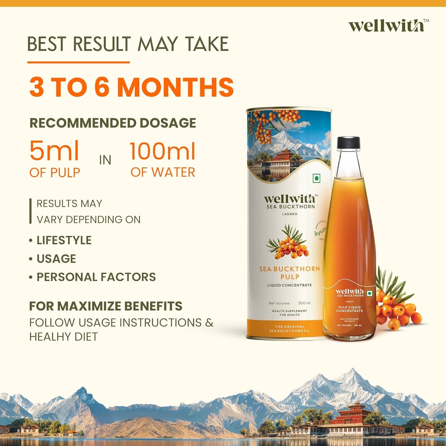Wellwith by Ayuzera Himalayan Sea Buckthorn Pulp 300ml | Cold Pressed Seabuckthorn Juice | Rich in Vitamin C, Omega 3 6 7 9 & Antioxidants | Supports Immunity, Skin & Gut Health