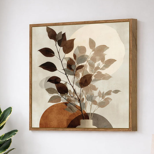 Abstract Vase Leaf Framed Painting For Living Room | Modern Botanical Large Canvas Painting With Frame Wall Art For Bedroom, Hallway's, Office, Hotel, Size 58x58 cm