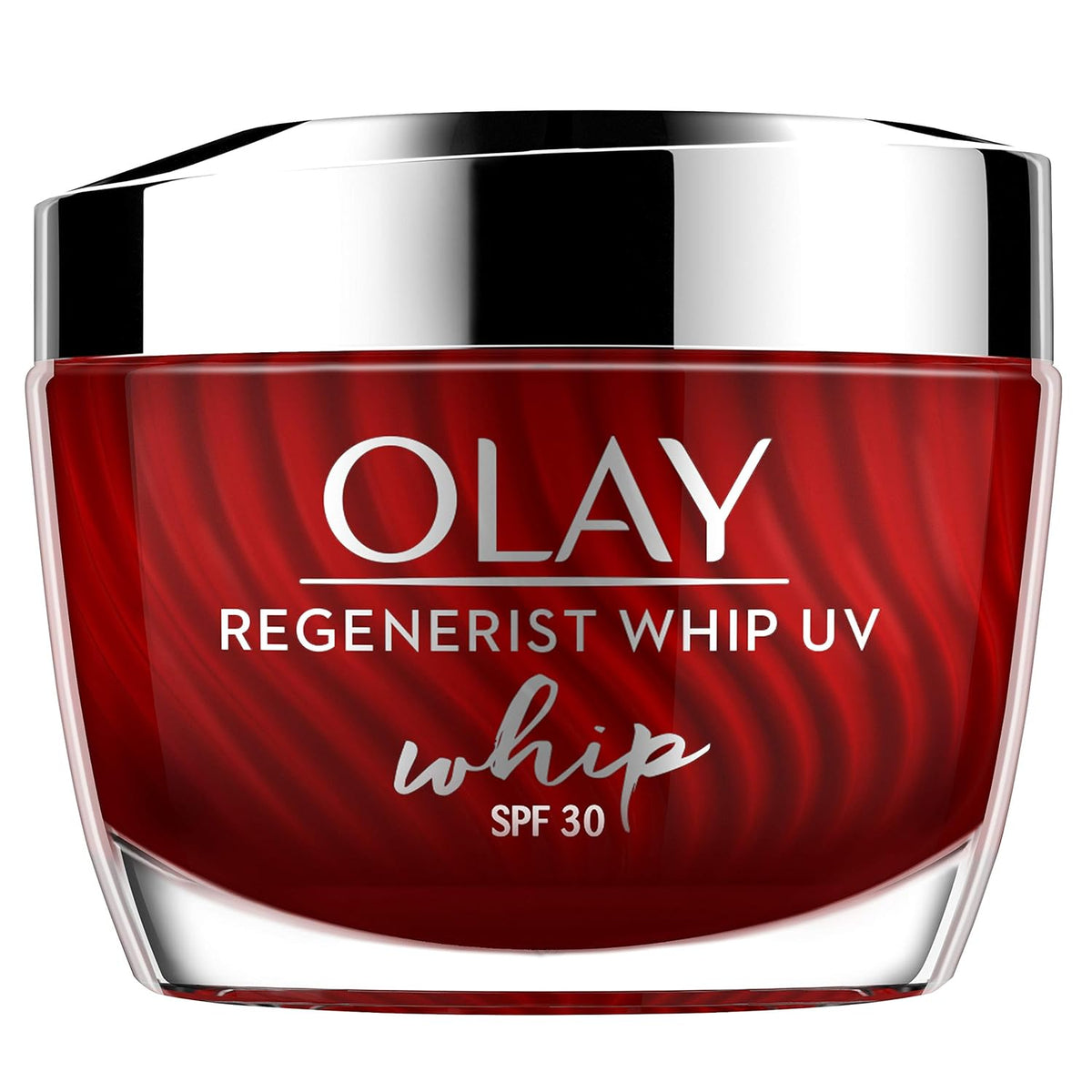 Olay Regenerist Whip UV SPF 30 jar with red design and silver lid on a white background
