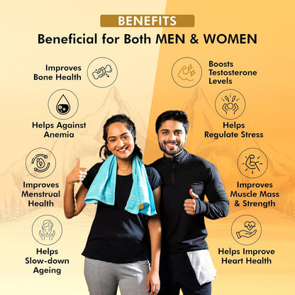 Two people giving thumbs up with health benefits listed on a yellow background