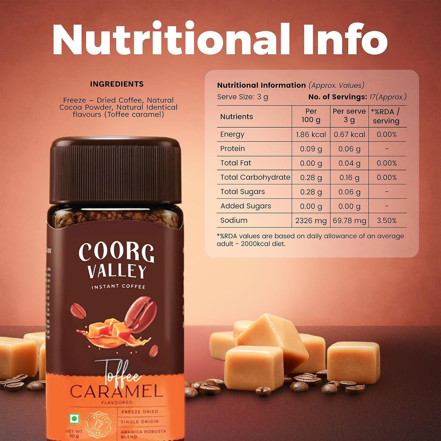 Coorg Valley Toffee Caramel Instant Coffee 50g | Flavoured Coffee | Premium Blend of Robusta & Arabica | Freeze Dried | Make Café Style Hot & Cold Coffee at Home
