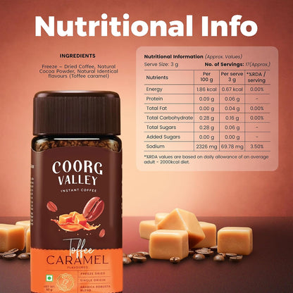 Coorg Valley Toffee Caramel Instant Coffee 50g | Flavoured Coffee | Premium Blend of Robusta & Arabica | Freeze Dried | Make Café Style Hot & Cold Coffee at Home
