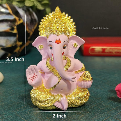 Gold Art India Gold Plated Ganesha with Terracotta Colour - Perfect for Car Dashboards, Office & Home Shelves, Diwali Puja, and Gifting (MukutGoldPink 3.5"), Idol