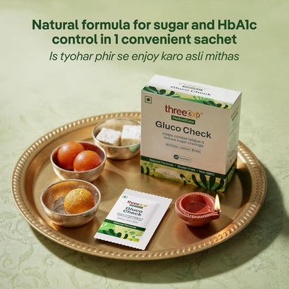three60+ Gluco Check Powder | Diabetic Care & Diabetes Control Powder | Clinically Proven Diabetic Supplement for Blood Sugar Level | Better than Juice with Only Jamun, Karela | Natural, Non-GMO, Gluten Free | 15 Sachets | 15 Day Pack (Pack of 1)