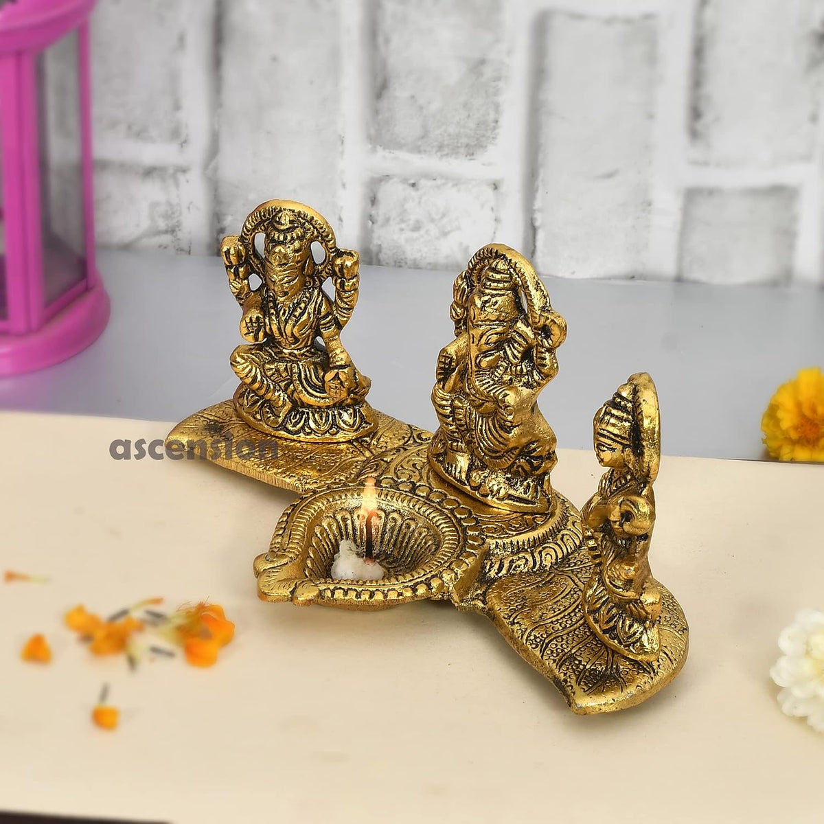 Laxmi Ganesh Saraswati Idol Showpiece Metal Statue with Diya Decoration Pooja Showpiece Sitting Idol Blessing Ganpati Sculpture for Home Diwali Puja Home Decor Festival Gifts