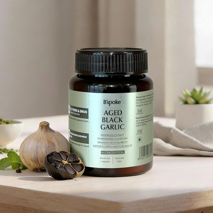 B'spoke Aged Black Garlic | Odourless Extract Standardized to 0.5% S-Allyl Cysteine (SAC) | Garlic Bulb Derived | Enhanced Bioavailability for Antioxidant & Cardiovascular Support | Gentle on Stomach
