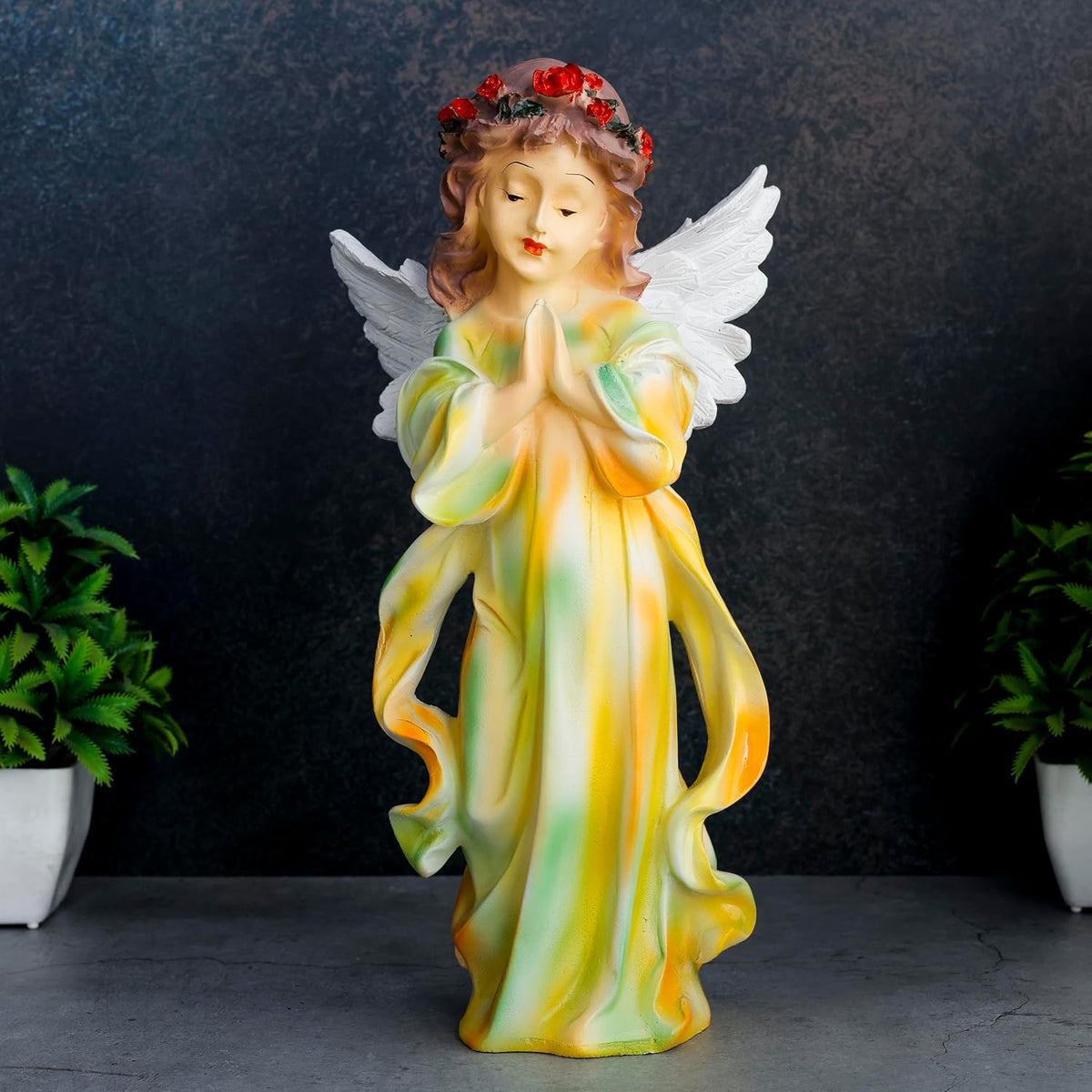 Praying Angel Statue for Good Luck Showpiece Home Decor Items for Living Room and Gifts (Yellow Green Multi)