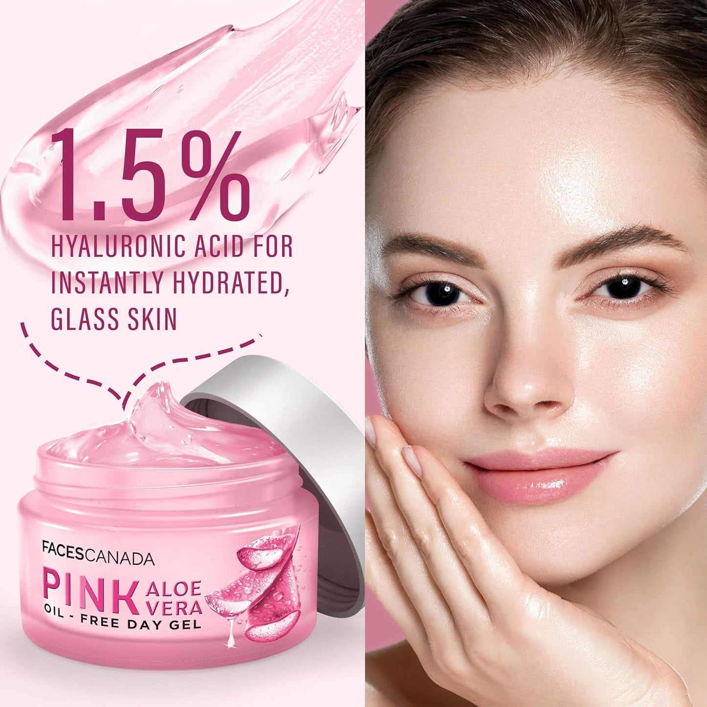 FACESCANADA Pink Aloe Vera Oil-Free Day Gel, 50g | 1.5% Hyaluronic Acid | Intense Hydration | Lightweight, Non Sticky & Absorbs Easily | Soothing, Nourishing & Acne Control | No Alcohol & Parabens