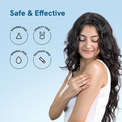 Woman applying cream to her arm with 'Safe & Effective' and product feature icons on a light blue background