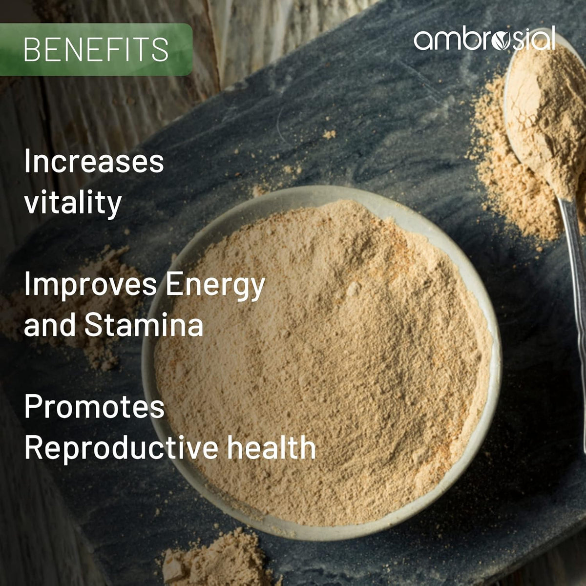  bowl of brown powder with text about benefits on a dark background