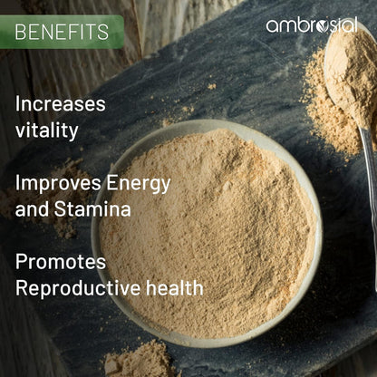  bowl of brown powder with text about benefits on a dark background