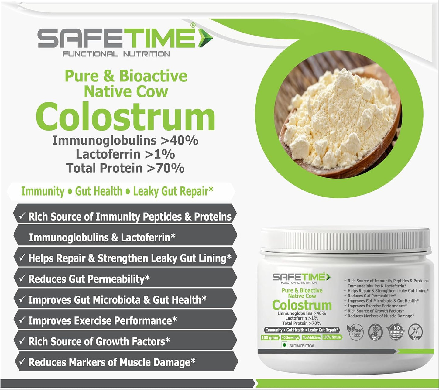 SafeTime Functional Nutrition colostrum product packaging with text and image of colostrum powder.