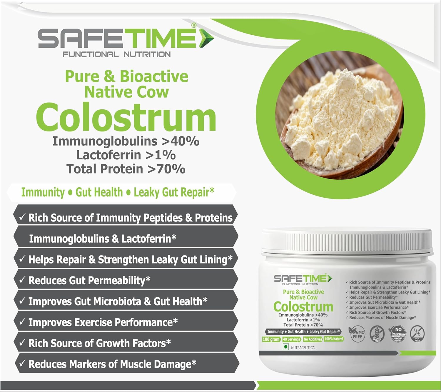 SafeTime Functional Nutrition colostrum product packaging with text and image of colostrum powder.