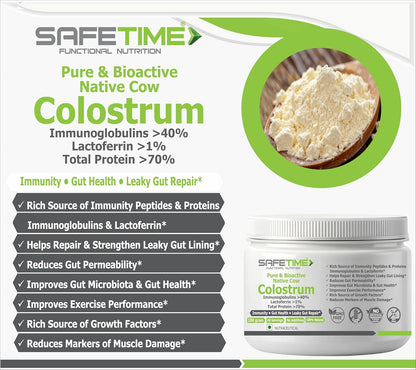 SafeTime Functional Nutrition colostrum product packaging with text and image of colostrum powder.